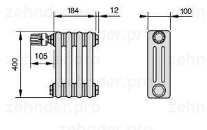 Схема (чертеж) Радиатор Zehnder Charleston 3040/4 №V011 Белый глянцевый RAL 9016